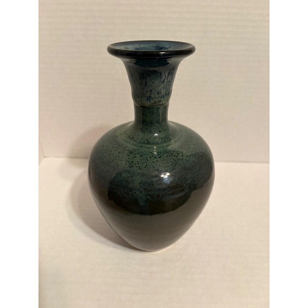 Dodge Studio Pottery Vase Teal Green Drip Glaze Handcrafted Stoneware 9.5 Inch